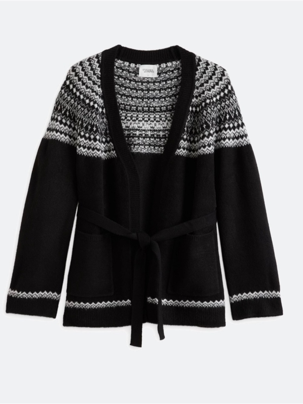 Black & White Fair Isle Belted Cardigan Sweater
